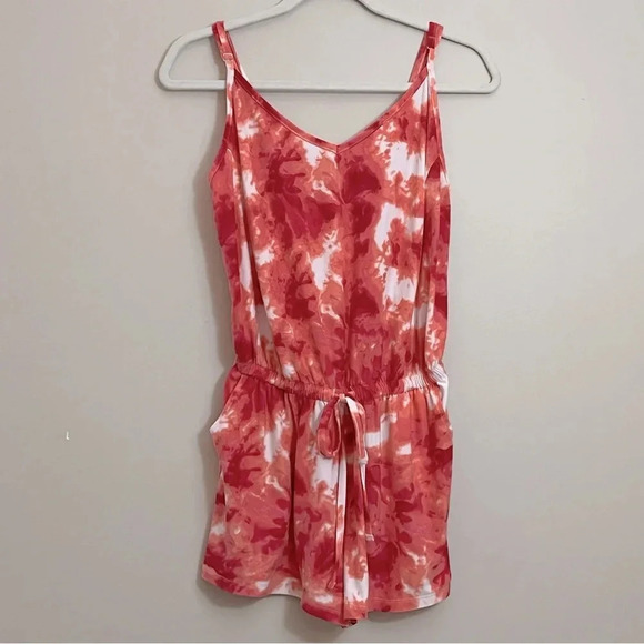 Just Be Tie Dye Romper Shorts Loungewear Pajamas Stretchy Soft Pink White Medium - Picture 2 of 10